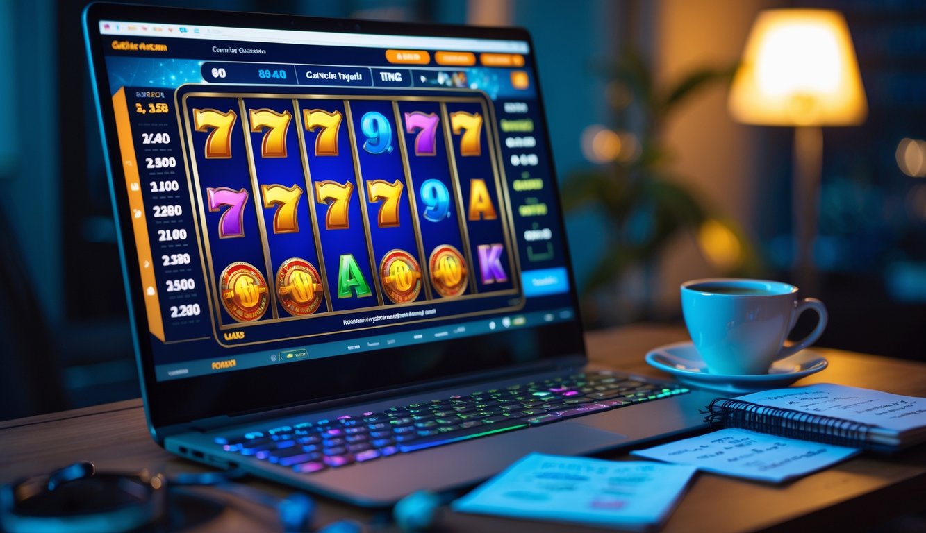 Seorang pemain menggunakan komputer dengan permainan slot online di layar, di sampingnya terdapat buku catatan dan cangkir kopi di meja.