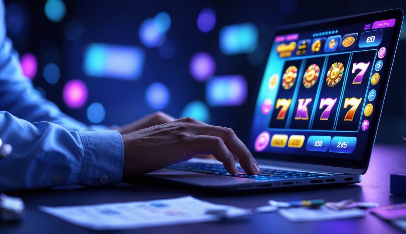 Seseorang sedang menggunakan laptop dengan tampilan permainan slot online yang berwarna-warni di layar, dikelilingi oleh alat bantu strategi dan suasana malam yang tenang.