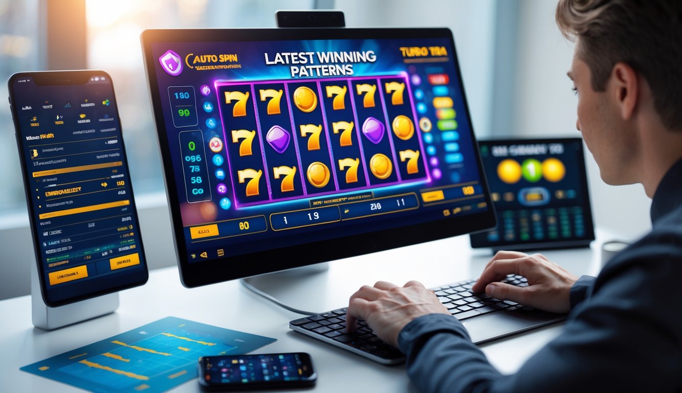 Seorang pemain sedang menggunakan komputer dengan layar menampilkan permainan slot online yang berwarna-warni, di sebuah ruang kerja modern yang terang.