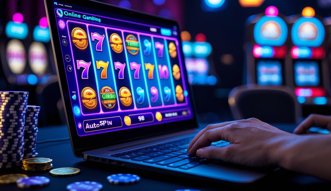 Seorang pemain sedang menggunakan komputer dengan permainan slot online yang berwarna-warni dan layar yang menyala terang.