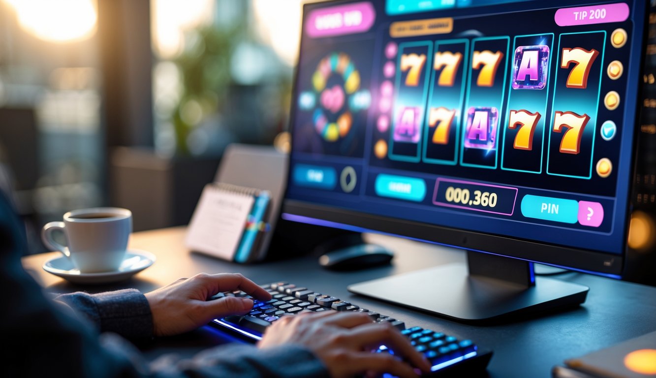 Seseorang bermain permainan slot online di komputer dengan suasana kerja yang rapi dan pencahayaan hangat.