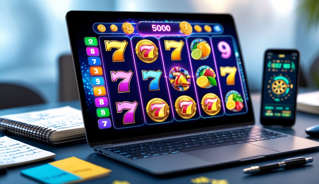 Seorang pemain sedang fokus menggunakan laptop dengan tampilan permainan slot online berwarna-warni, di meja terdapat catatan dan ponsel yang menampilkan statistik permainan.