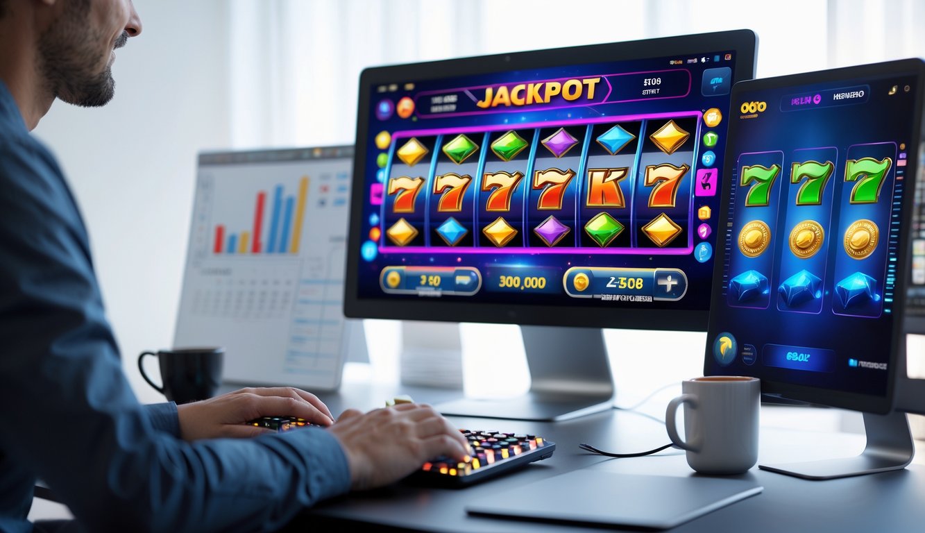 Seorang pemain duduk di depan komputer dengan tampilan permainan slot online yang berwarna-warni, dikelilingi oleh catatan dan grafik strategi bermain.
