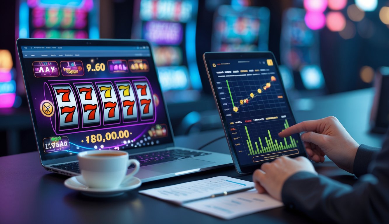 Sebuah ruang kerja modern dengan laptop dan tablet yang menampilkan grafik dan ikon permainan slot online, menunjukkan seseorang yang sedang menganalisis strategi bermain.