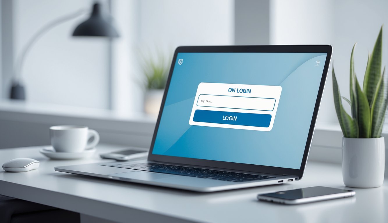 Seorang pengguna sedang mengakses halaman login di laptop di meja kerja dengan perangkat teknologi di sekitarnya.
