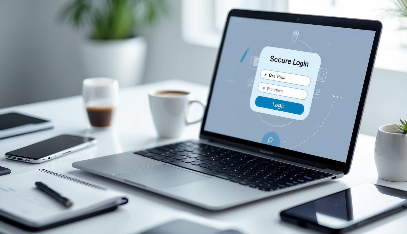 Seorang pengguna duduk di depan laptop dengan halaman login terbuka, di meja terdapat ponsel, cangkir kopi, dan buku catatan.