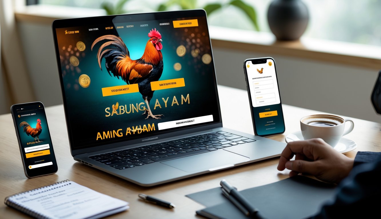 Meja kerja dengan laptop, ponsel, dan alat tulis yang menampilkan aktivitas terkait pendaftaran dan login Sabung Ayam online.