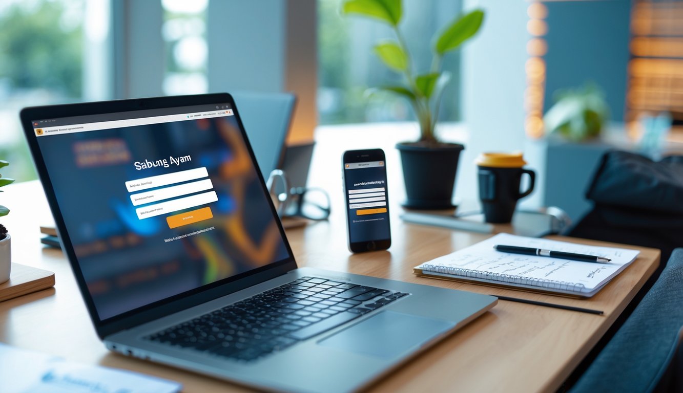Meja kerja dengan laptop dan ponsel yang menampilkan layar login, dilengkapi dengan catatan dan alat tulis di sekitarnya.