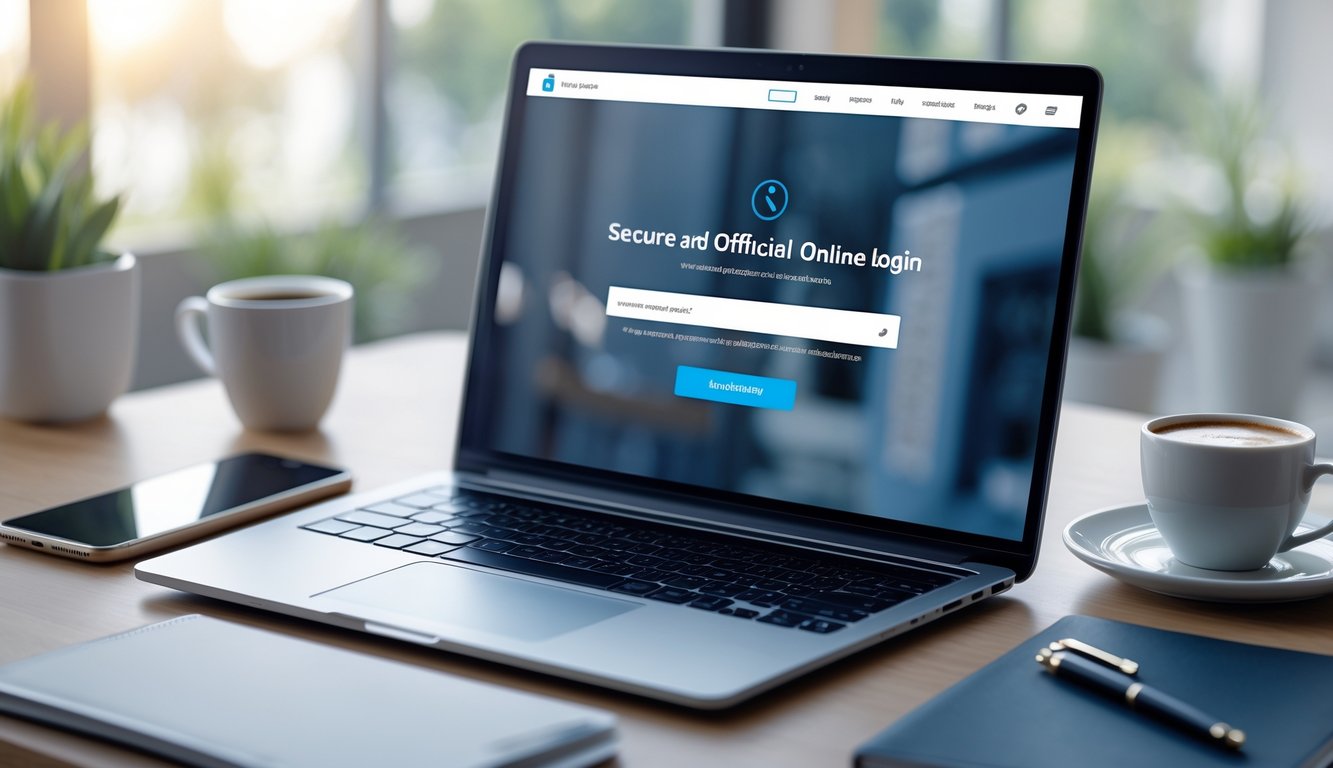 Seseorang menggunakan laptop di meja kerja dengan ponsel dan secangkir kopi di sampingnya.