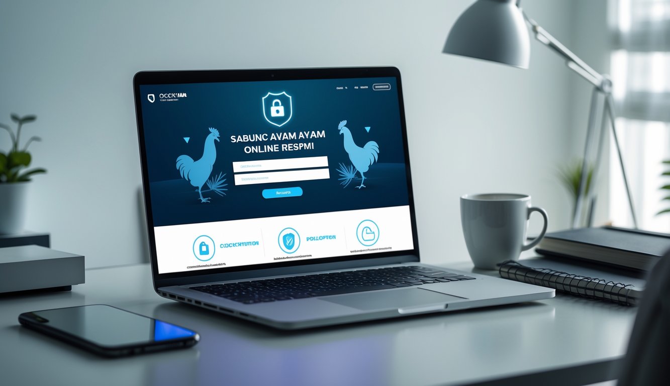 Meja kerja dengan laptop yang menampilkan halaman login aman, dikelilingi oleh ponsel, cangkir kopi, dan buku catatan.