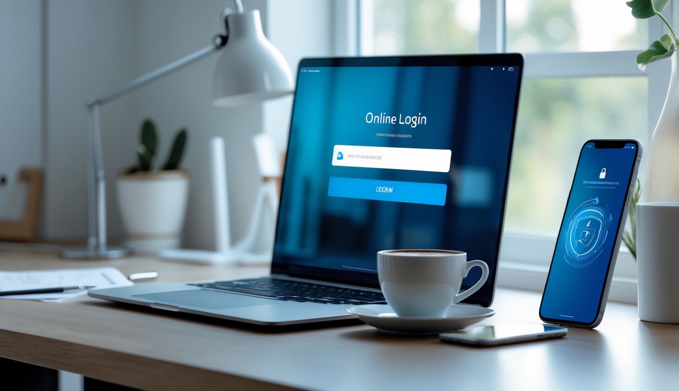 Sebuah meja kerja modern dengan laptop dan ponsel yang menampilkan proses masuk akun secara online, dengan suasana yang rapi dan pencahayaan alami.