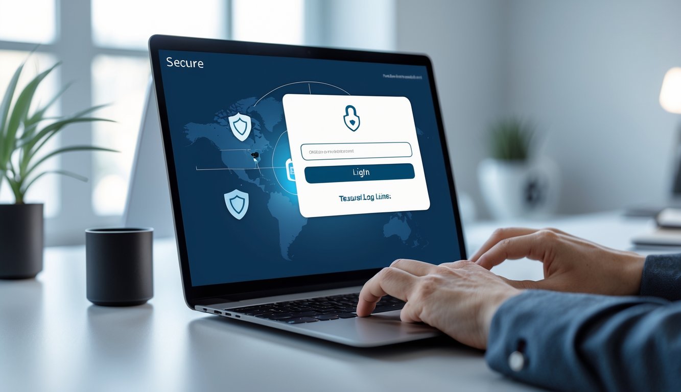 Orang menggunakan komputer dengan tampilan layar login yang aman di ruang kerja modern.