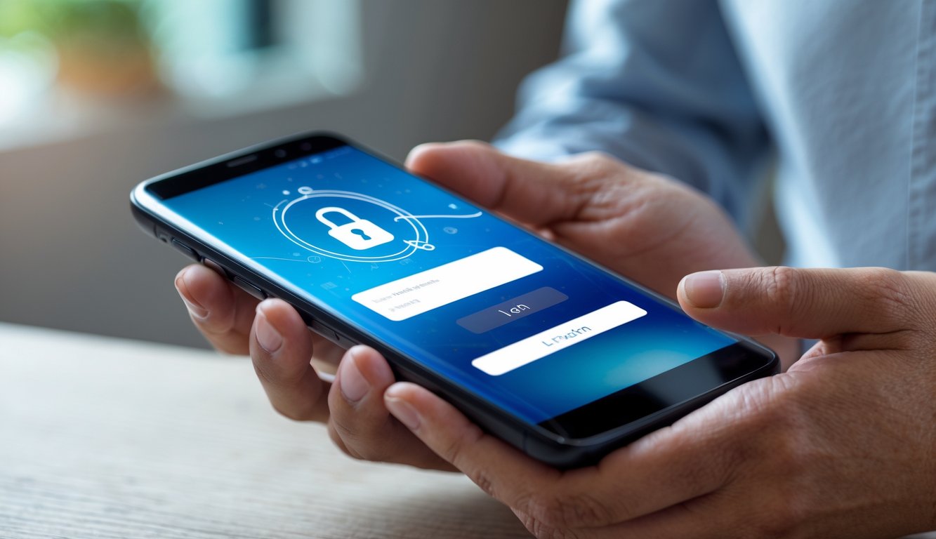 Seseorang memegang ponsel pintar dengan layar login aman di dalam ruangan.