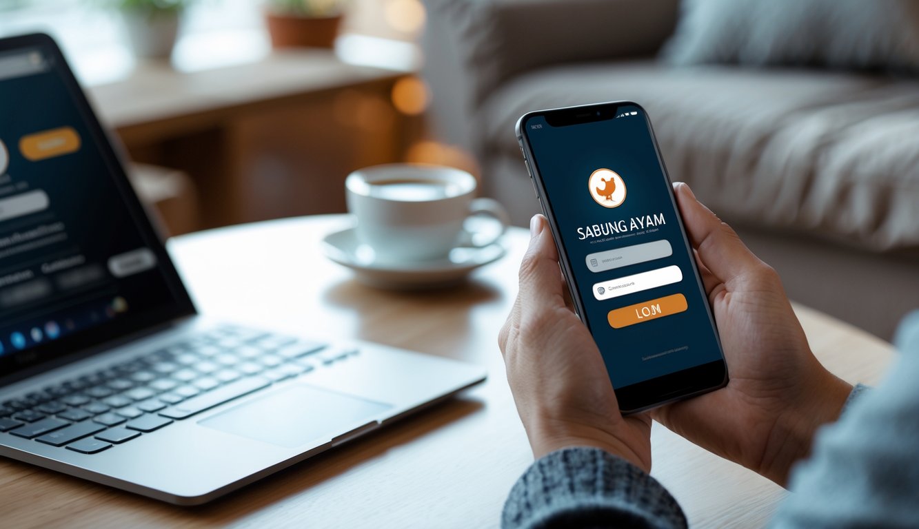 Seseorang memegang smartphone dengan layar login yang aman di ruangan nyaman dengan laptop dan cangkir kopi di meja.