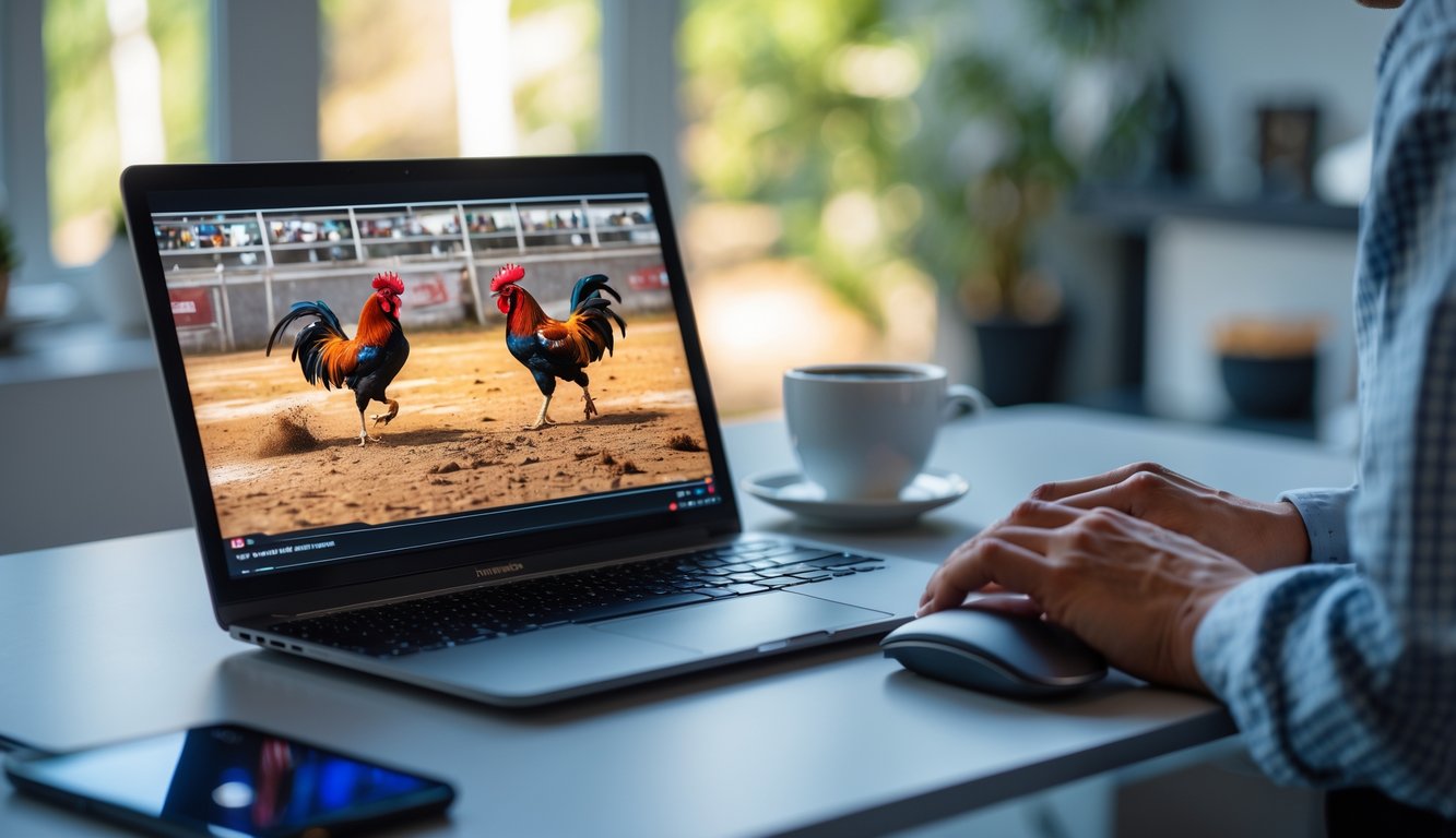 Seseorang menggunakan laptop untuk menonton siaran langsung pertandingan sabung ayam online di meja kerja.