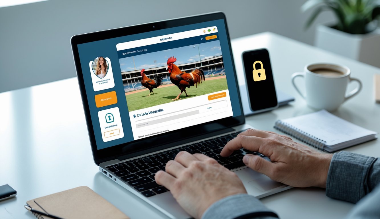 Seseorang menggunakan laptop di meja kerja yang rapi untuk menonton siaran langsung pertandingan sabung ayam secara online.