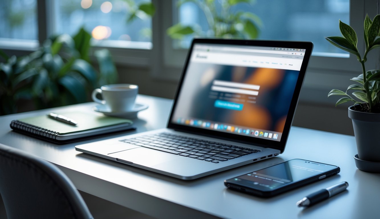 Meja kerja dengan laptop menyala, ponsel, dan alat tulis di ruangan dengan cahaya alami.