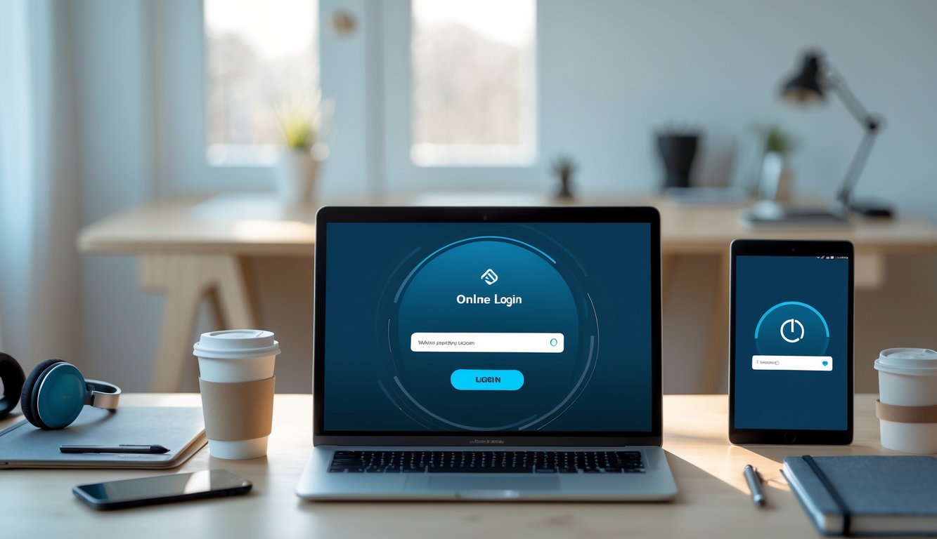 Meja kerja dengan laptop, ponsel, dan tablet yang menampilkan layar login dan ikon error, menunjukkan suasana kerja terkait akses online dan pemecahan masalah.