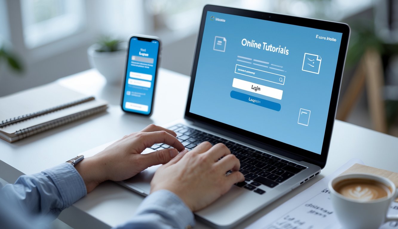 Seorang pengguna duduk di depan laptop dengan layar halaman login, di meja terdapat ponsel, buku catatan, dan secangkir kopi di ruang kerja yang rapi.