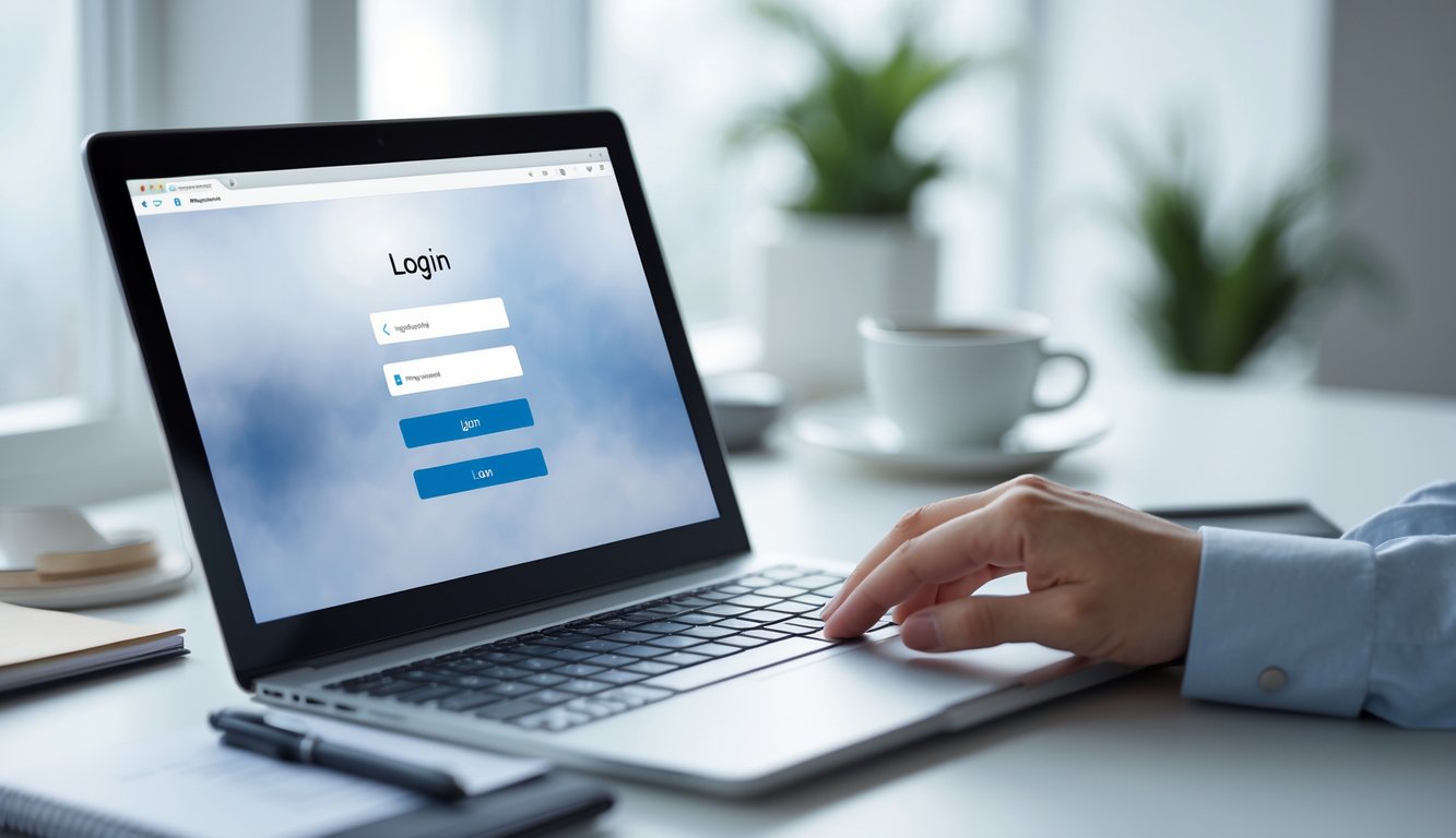 Sebuah meja kerja dengan laptop dan ponsel yang menampilkan layar login, tangan sedang berinteraksi dengan perangkat, di sekitar terdapat alat tulis dan cangkir kopi.