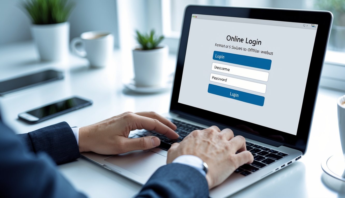 Tangan seseorang sedang mengetik di laptop dengan layar login yang terlihat, di atas meja kerja yang rapi dengan beberapa perlengkapan kantor.