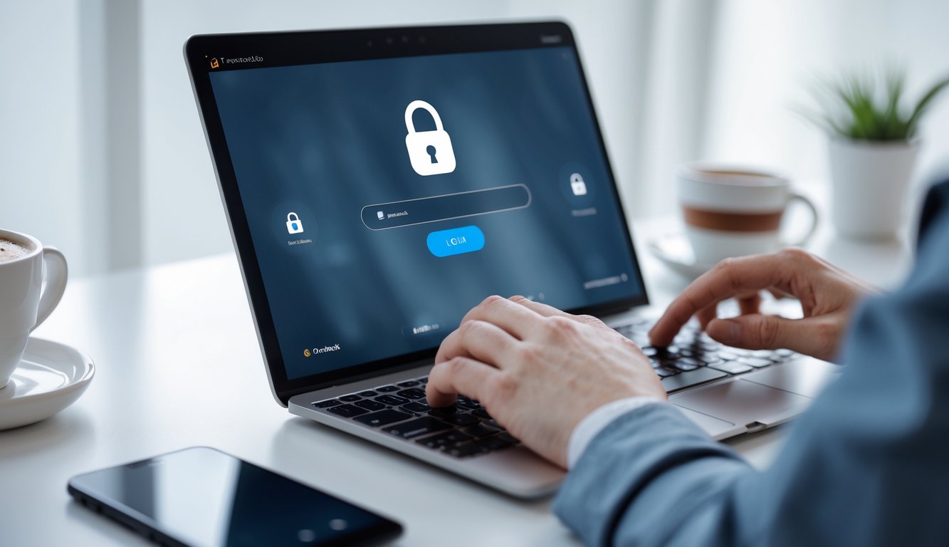 Seseorang sedang menggunakan laptop di meja kerja dengan layar menampilkan halaman login yang aman.