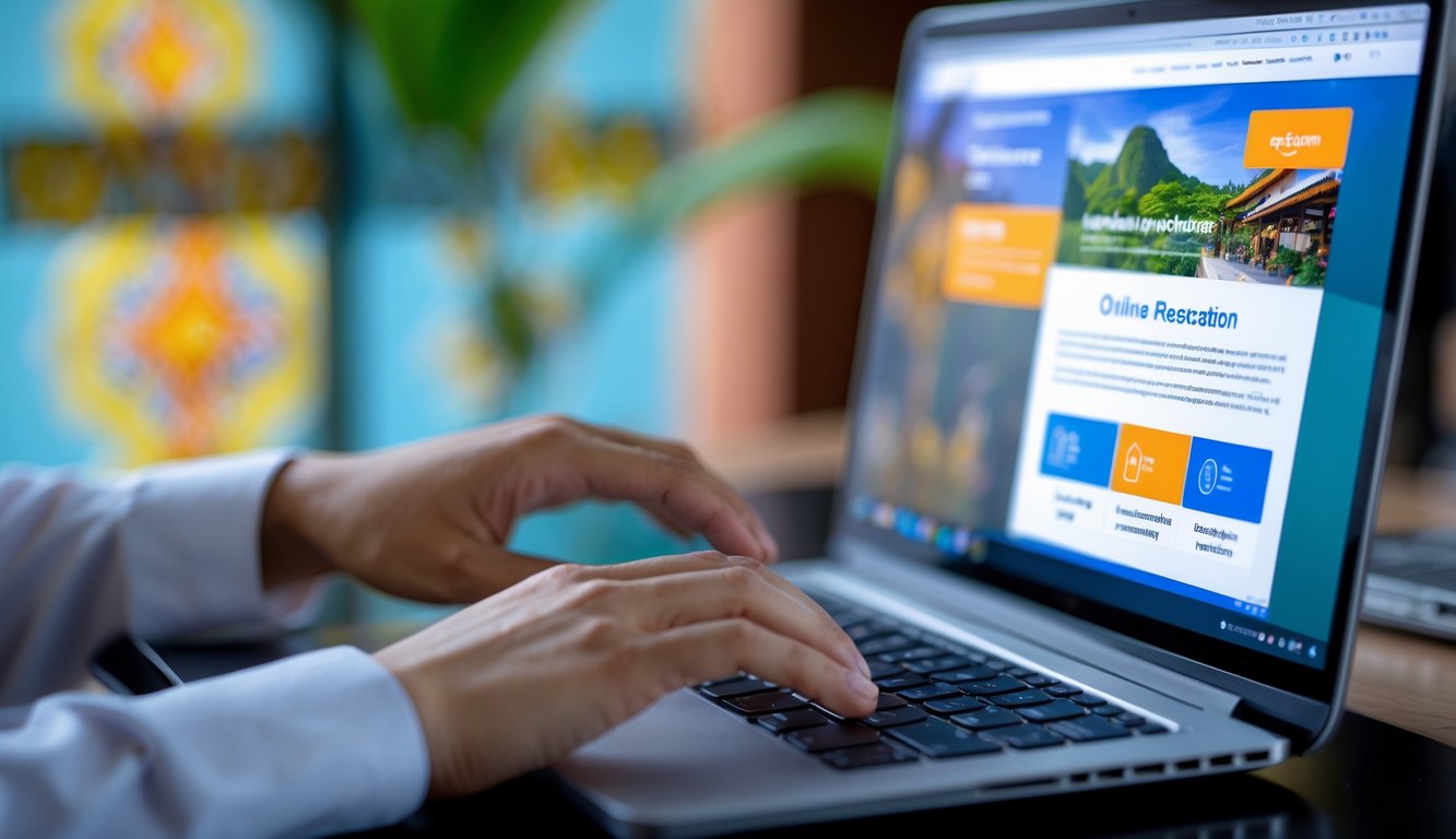 Tangan seseorang menggunakan laptop atau ponsel dengan latar belakang pola batik dan elemen budaya Indonesia.