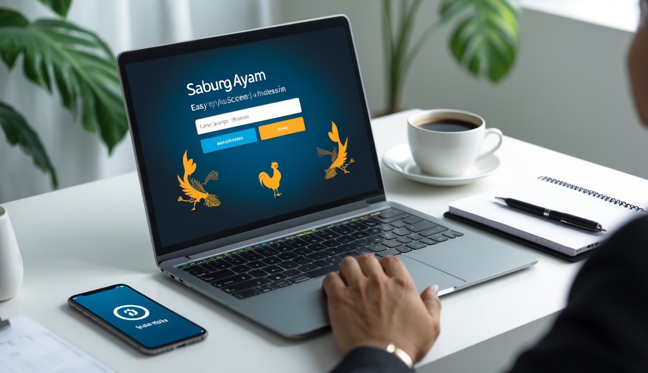 Meja kerja dengan laptop dan ponsel yang menampilkan halaman login, suasana rapi dengan pencahayaan alami dan bendera kecil Indonesia di latar belakang.