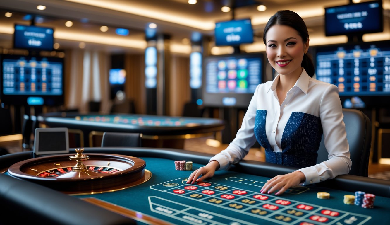 Seorang dealer wanita profesional sedang mengelola meja roulette langsung dalam studio kasino dengan layar digital di latar belakang.