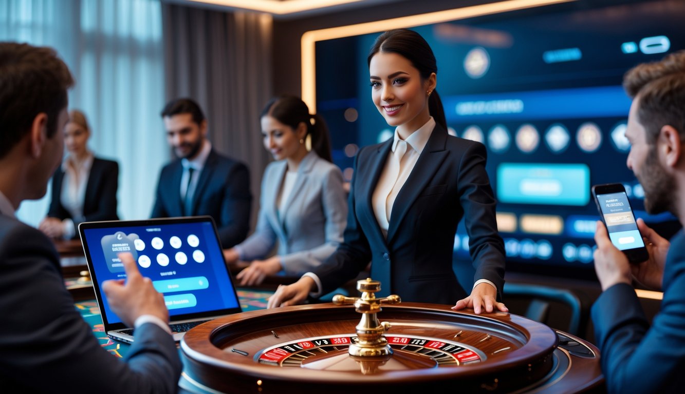 Seorang dealer profesional mengoperasikan meja roulette langsung dengan pemain yang menggunakan laptop dan ponsel untuk bermain online.