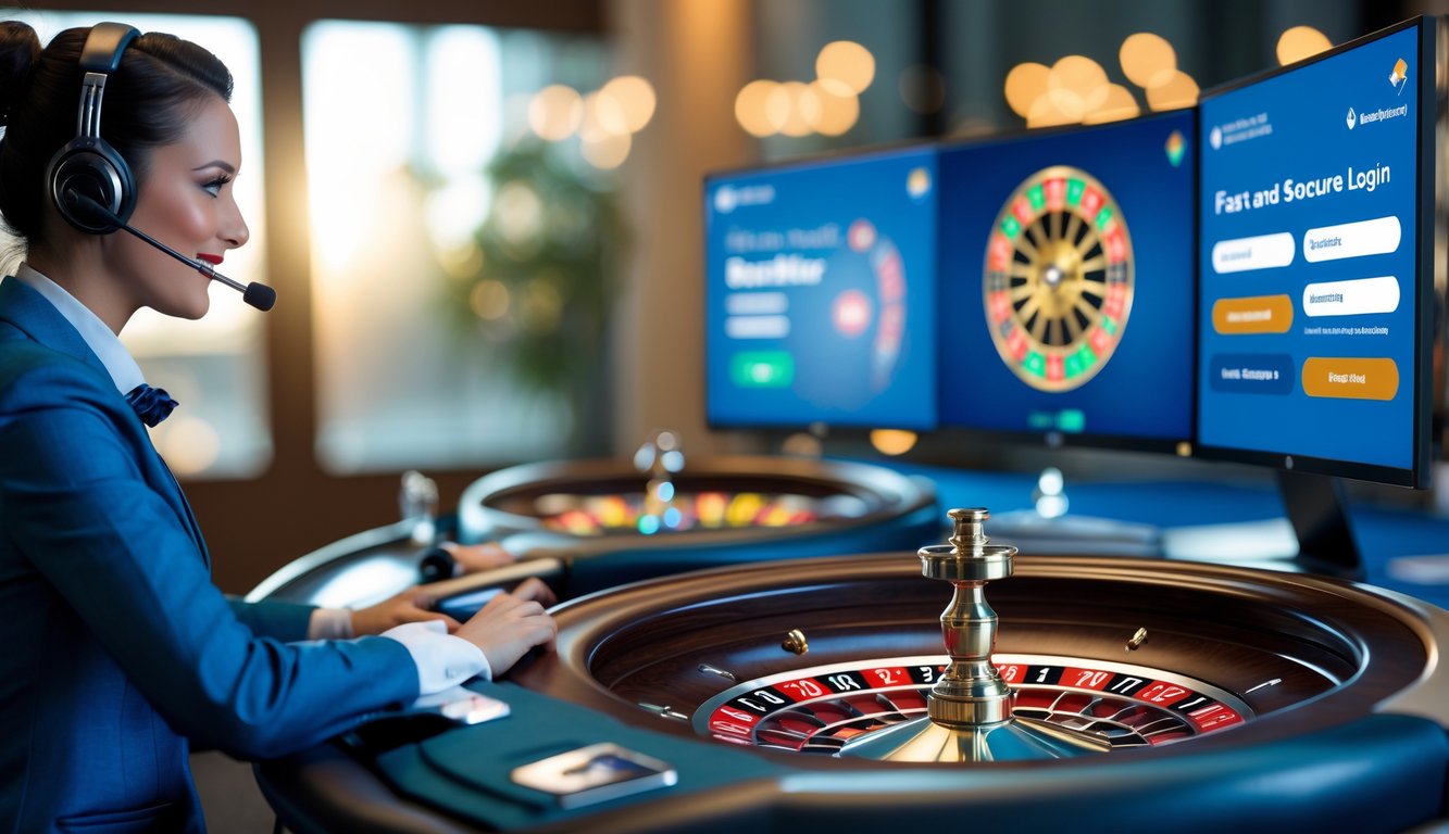 Seorang dealer live roulette profesional sedang mengoperasikan meja roulette dengan komputer dan layar yang menampilkan antarmuka permainan online.