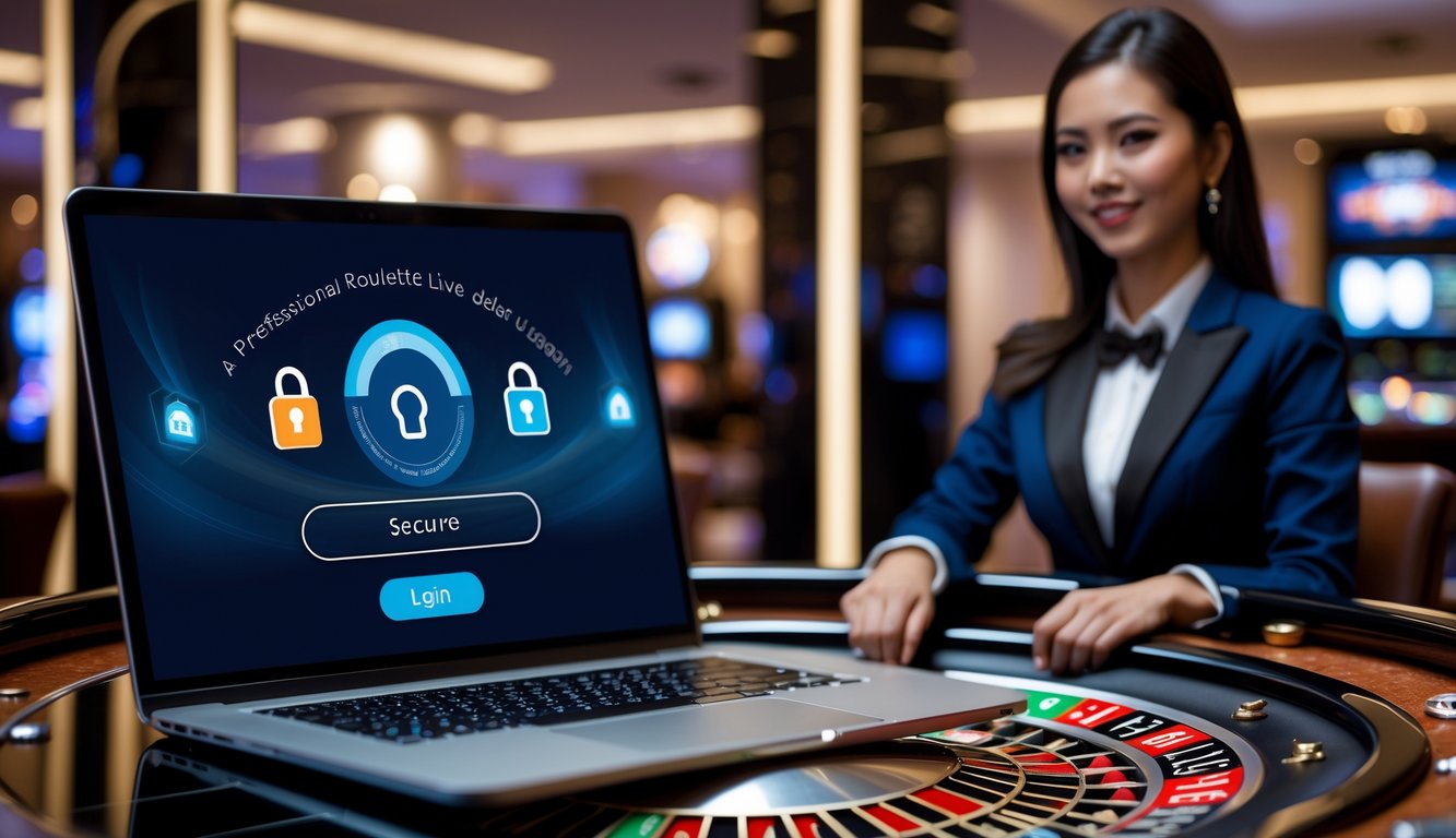 Seorang dealer roulette wanita duduk di meja roulette dengan roda roulette berputar, di depan layar perangkat yang menampilkan antarmuka login aman.