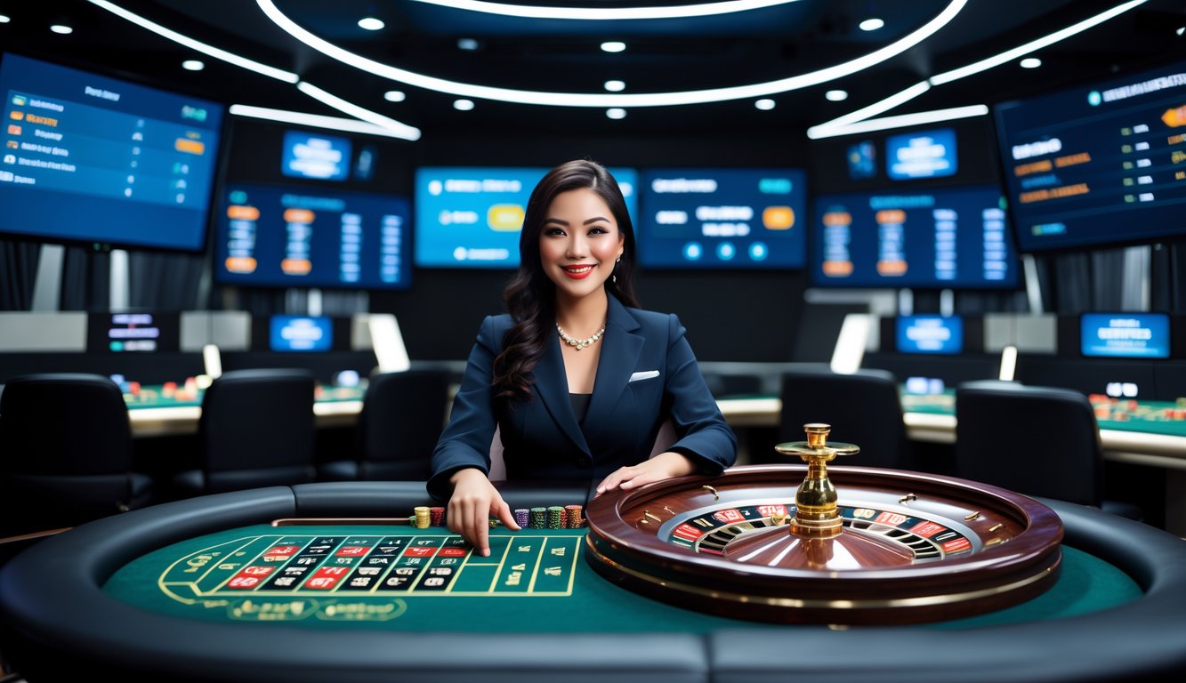 Seorang dealer wanita profesional sedang mengoperasikan meja roulette dengan latar belakang studio kasino online yang modern dan terang.