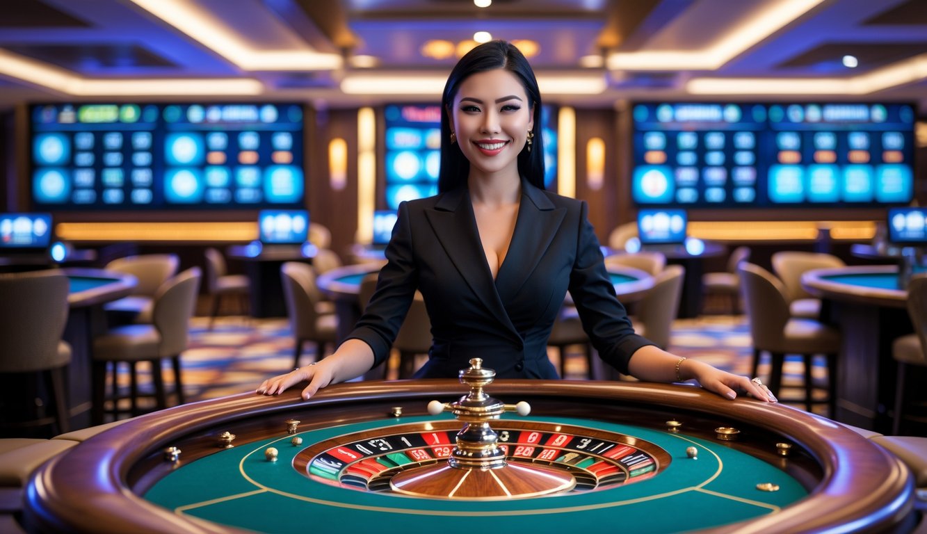 Seorang dealer wanita berdiri di meja roulette dengan roda roulette yang berputar di kasino langsung, dikelilingi layar digital yang menampilkan statistik permainan secara real time.
