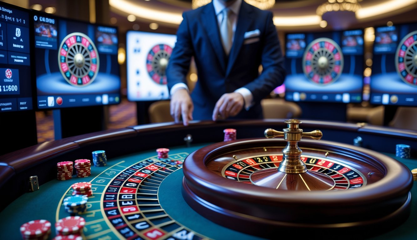 Seorang dealer profesional sedang memutar roda roulette di meja kasino dengan layar menampilkan streaming langsung permainan.