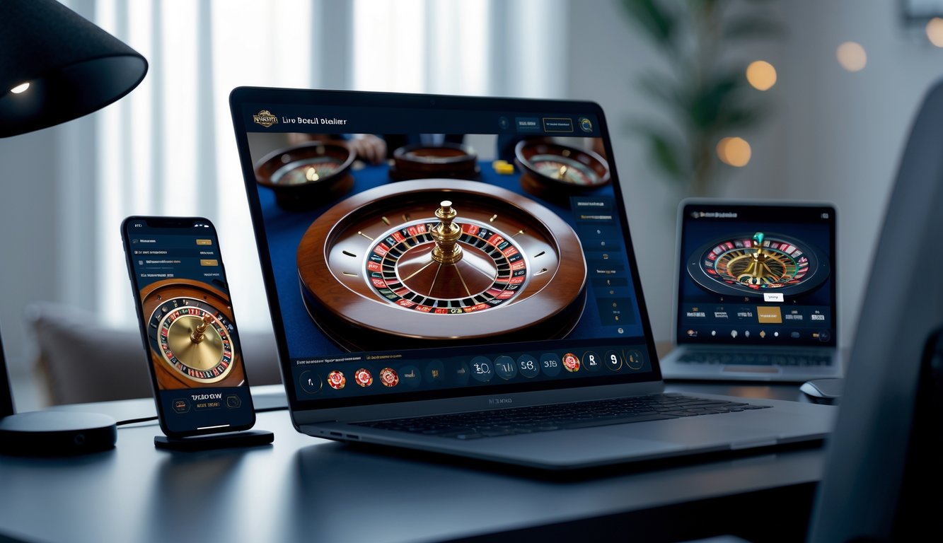 Seorang pemain sedang menggunakan komputer untuk bermain roulette dealer langsung secara online dengan tampilan permainan yang realistis dan jelas.