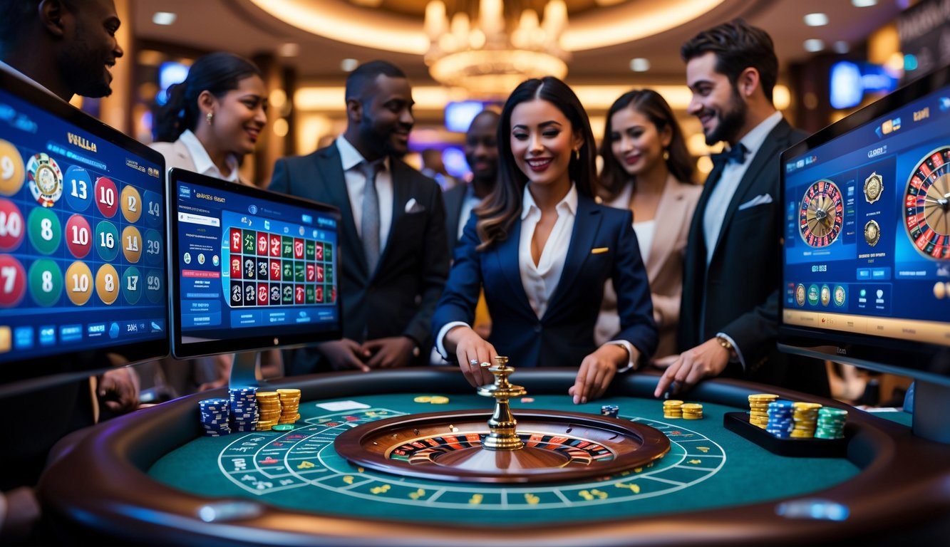 Orang-orang bermain roulette dengan dealer langsung di kasino online menggunakan komputer dan perangkat mobile.