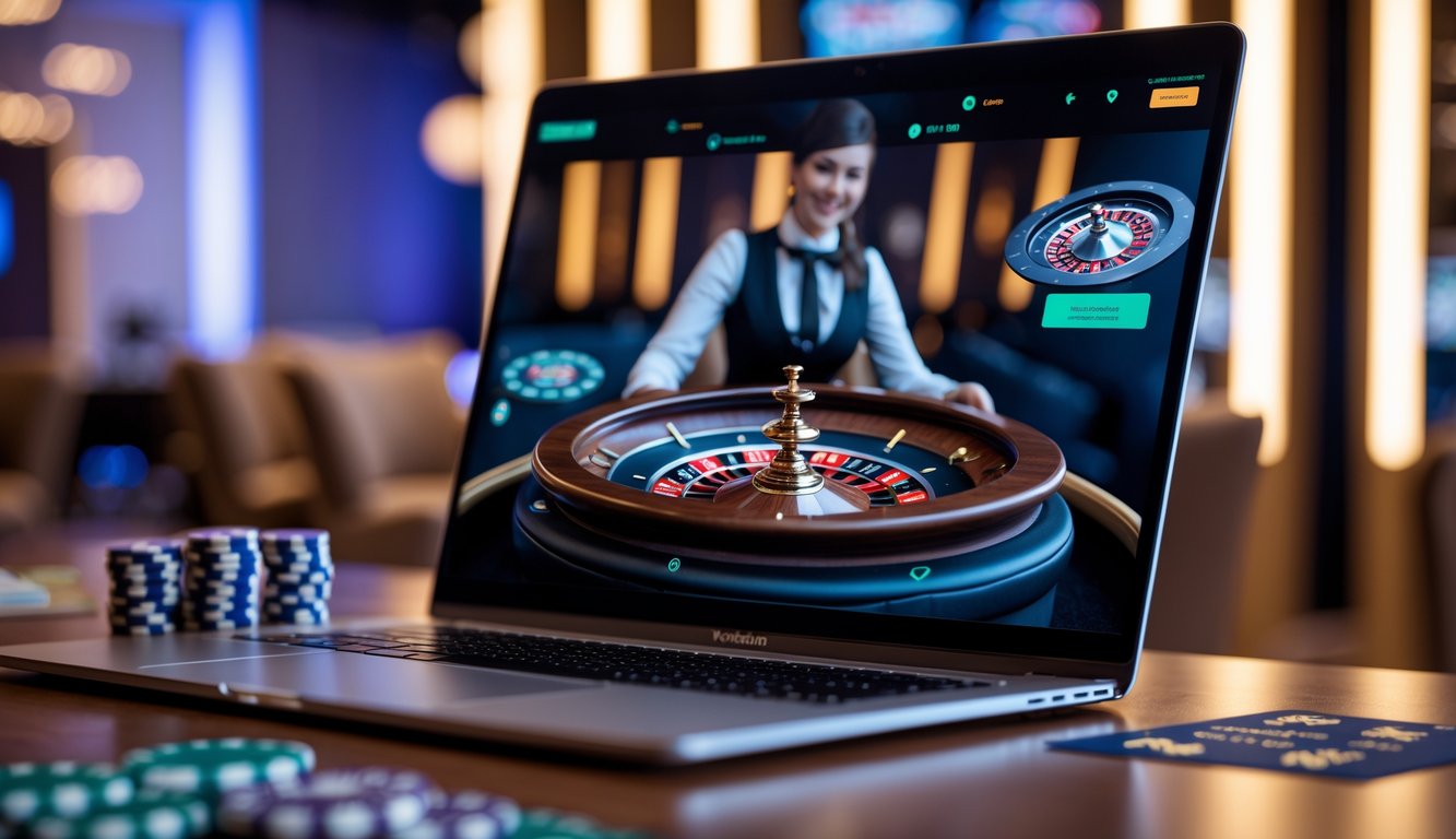 Seseorang sedang bermain roulette online dengan dealer langsung di layar komputer.