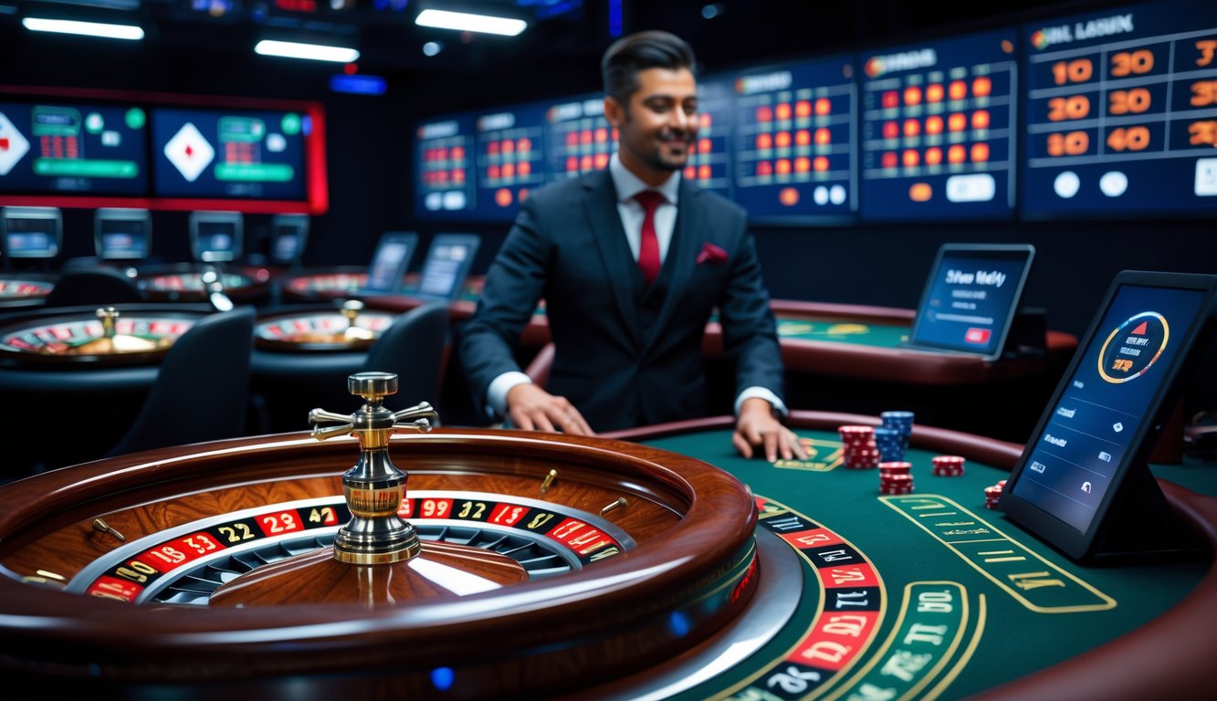 Seorang dealer profesional sedang memutar roda roulette dalam permainan kasino online dengan layar digital di latar belakang.