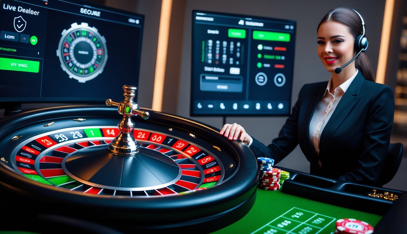 Seorang dealer live roulette profesional mengelola permainan roulette online dengan roda roulette berputar dan elemen antarmuka digital di studio modern.