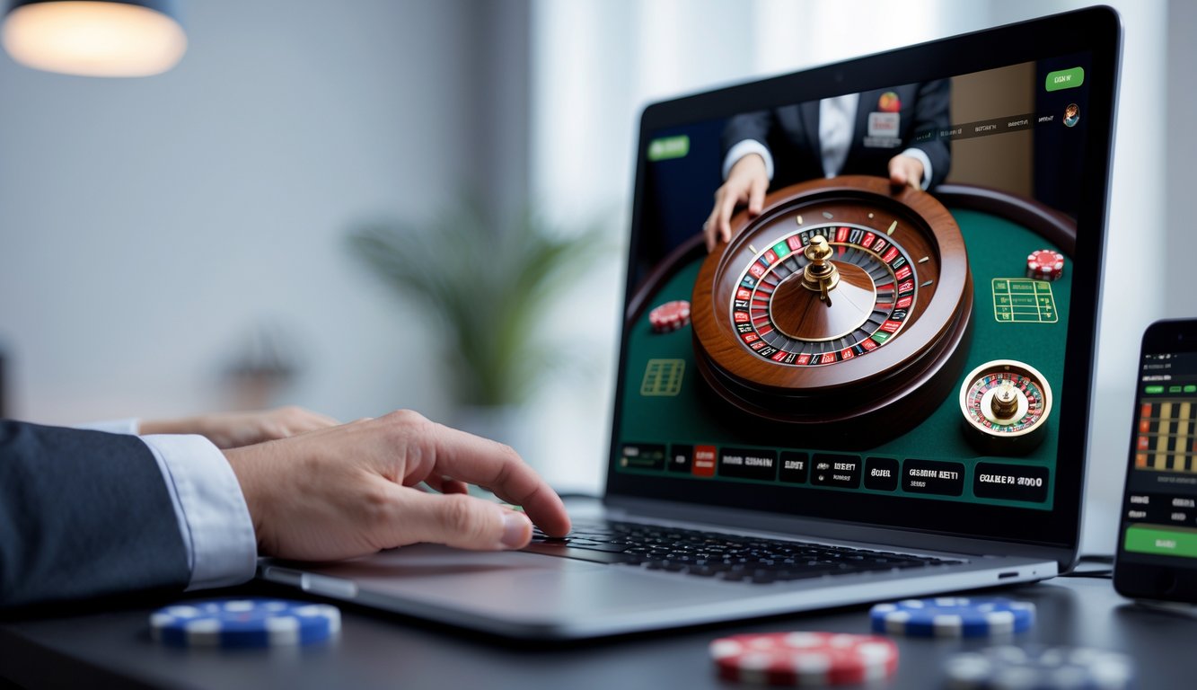 Seorang dealer langsung sedang bermain roulette online di layar komputer dengan suasana yang rapi dan modern.
