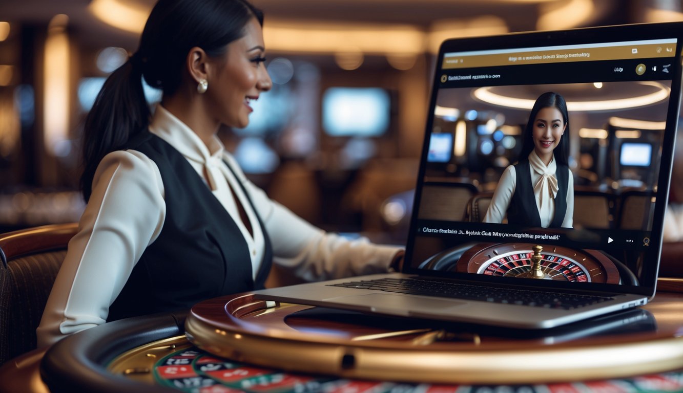 Seorang dealer profesional di belakang meja roulette dengan layar komputer menampilkan permainan roulette langsung, suasana kasino modern dan nyaman.