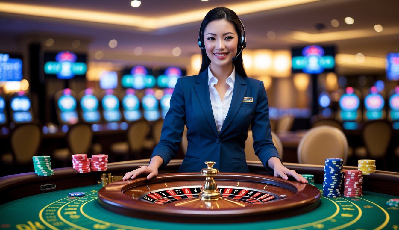 Seorang dealer wanita profesional sedang memutar roda roulette di meja kasino dengan suasana permainan yang lancar dan terpercaya.