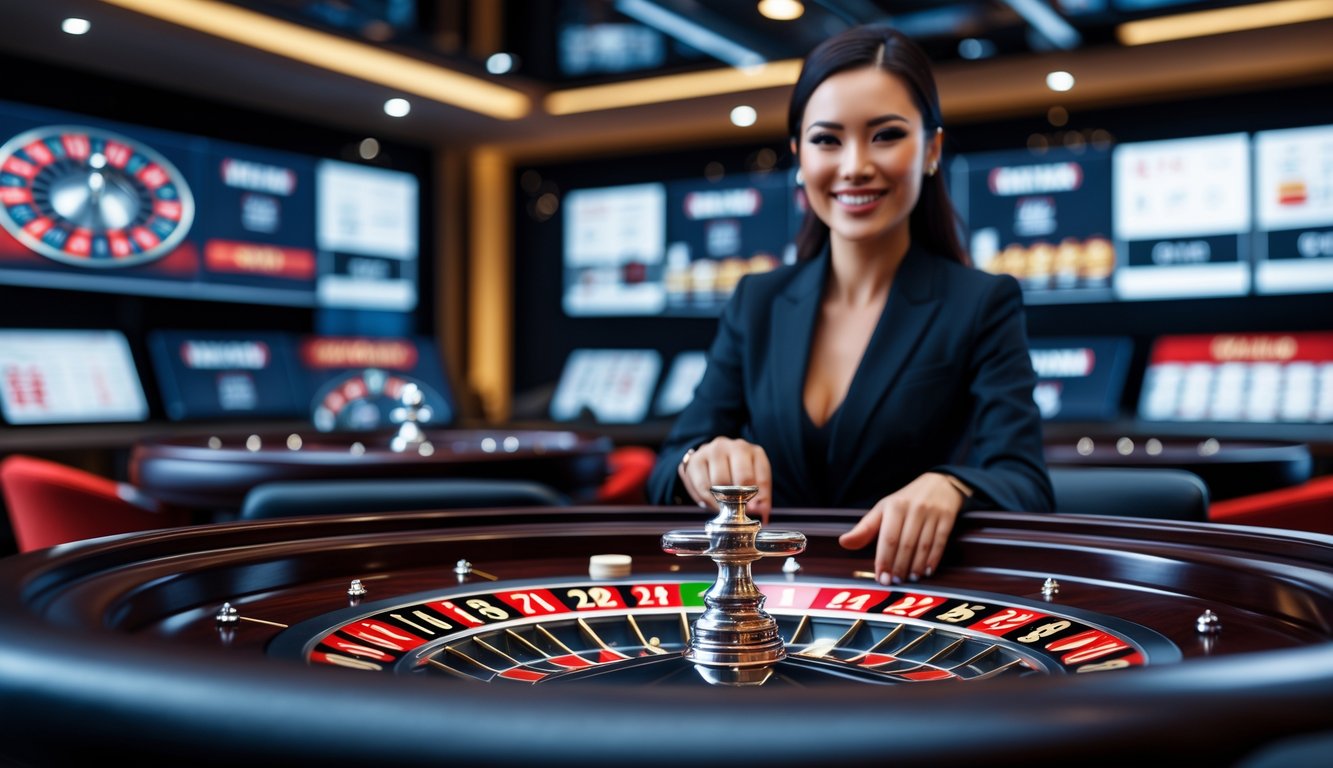 Seorang dealer profesional tersenyum di depan meja roulette dengan roda berputar dan chip, dalam suasana permainan roulette online live dealer yang lancar.