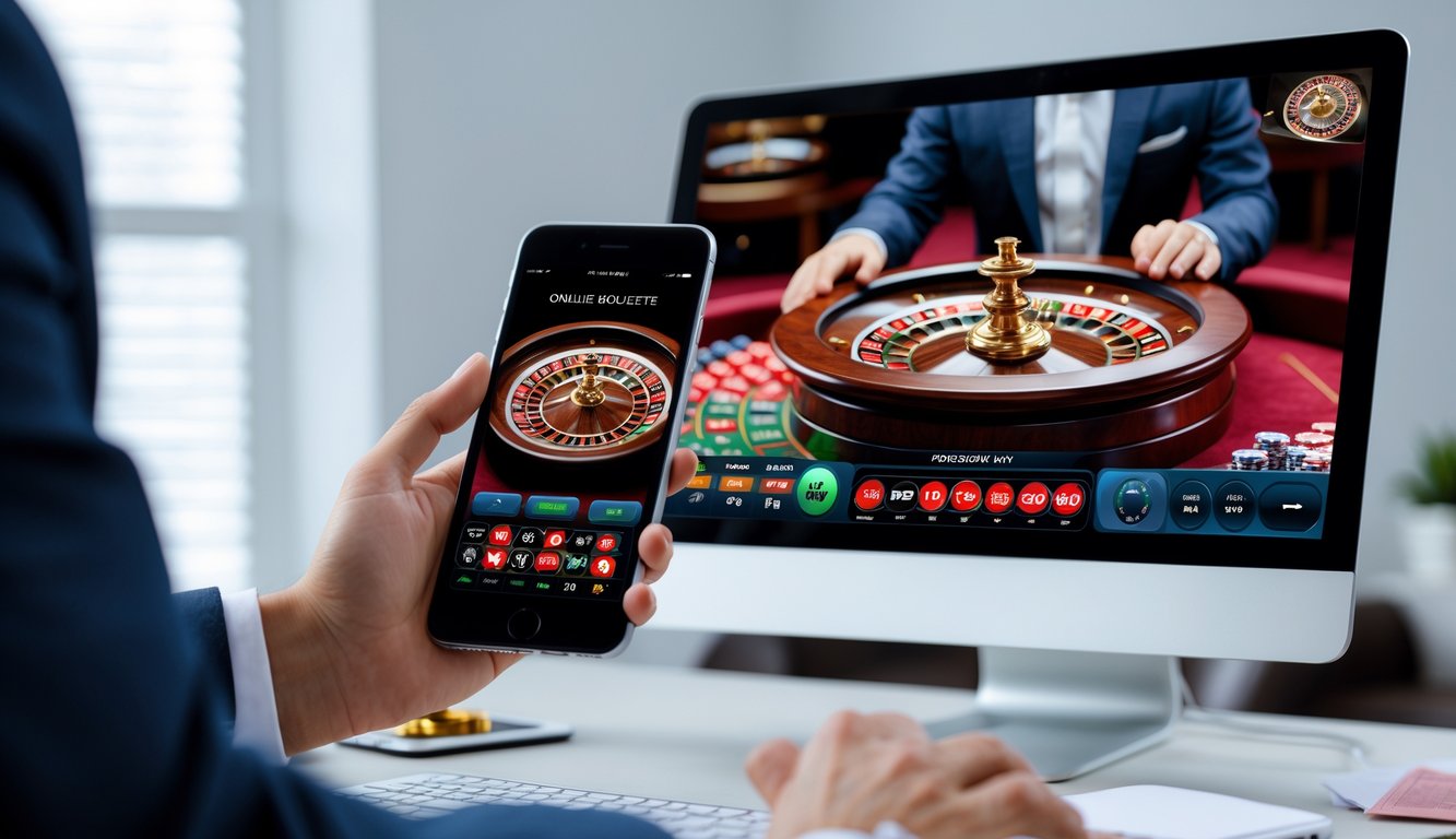 Seseorang menggunakan ponsel dan komputer desktop untuk bermain roulette online dengan dealer langsung.