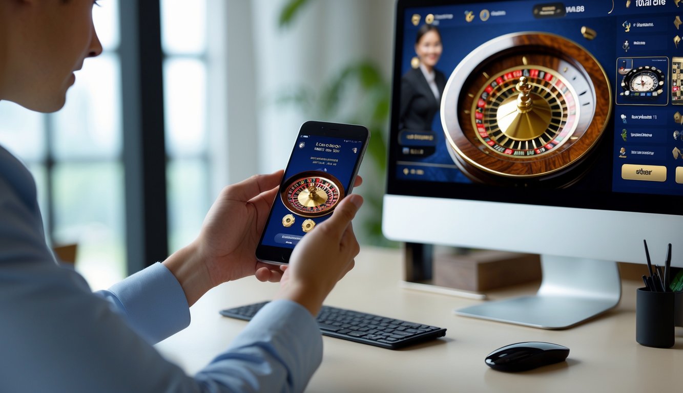 Seseorang sedang menggunakan ponsel dan komputer untuk login ke permainan roulette online dengan dealer langsung.