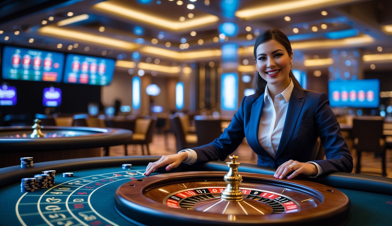 Seorang dealer kasino langsung yang ramah duduk di meja roulette dengan roda roulette nyata, berinteraksi dengan pemain dalam suasana kasino modern yang mewah.