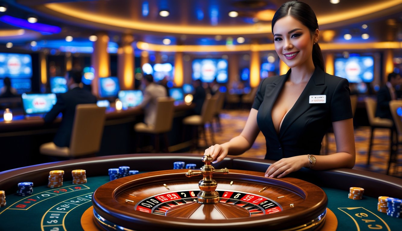 Seorang dealer wanita sedang memutar roda roulette di kasino dengan suasana modern dan pemain yang menggunakan laptop dan ponsel.