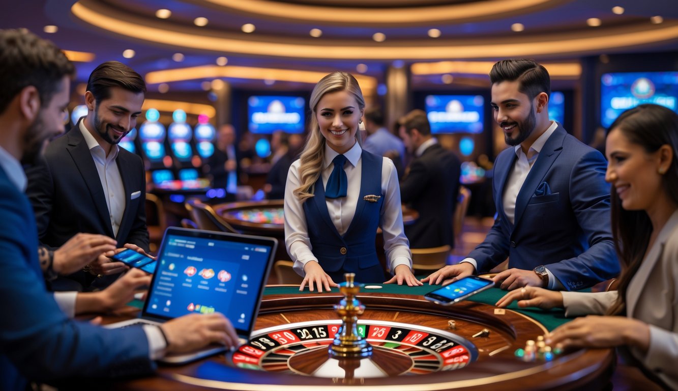 Seorang dealer wanita tersenyum di meja roulette dengan pemain baru menggunakan perangkat digital untuk bermain roulette online di kasino langsung.