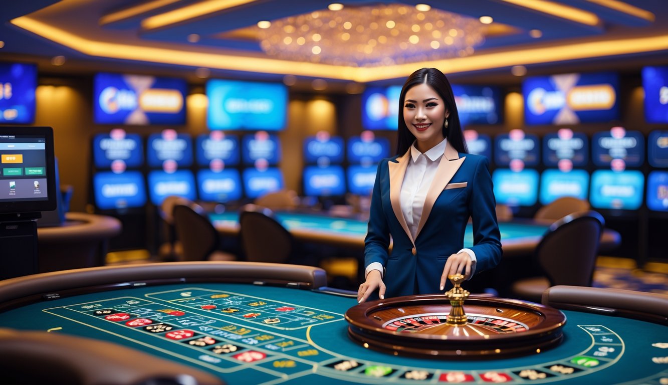 Seorang dealer wanita berdiri di belakang meja roulette dengan roda roulette yang sedang berputar di kasino langsung.